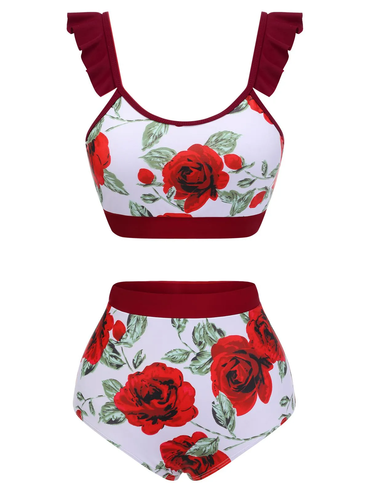 Red 1940s Floral Ruffles Swimsuit sold by Retro Stage product image thumbnail 2