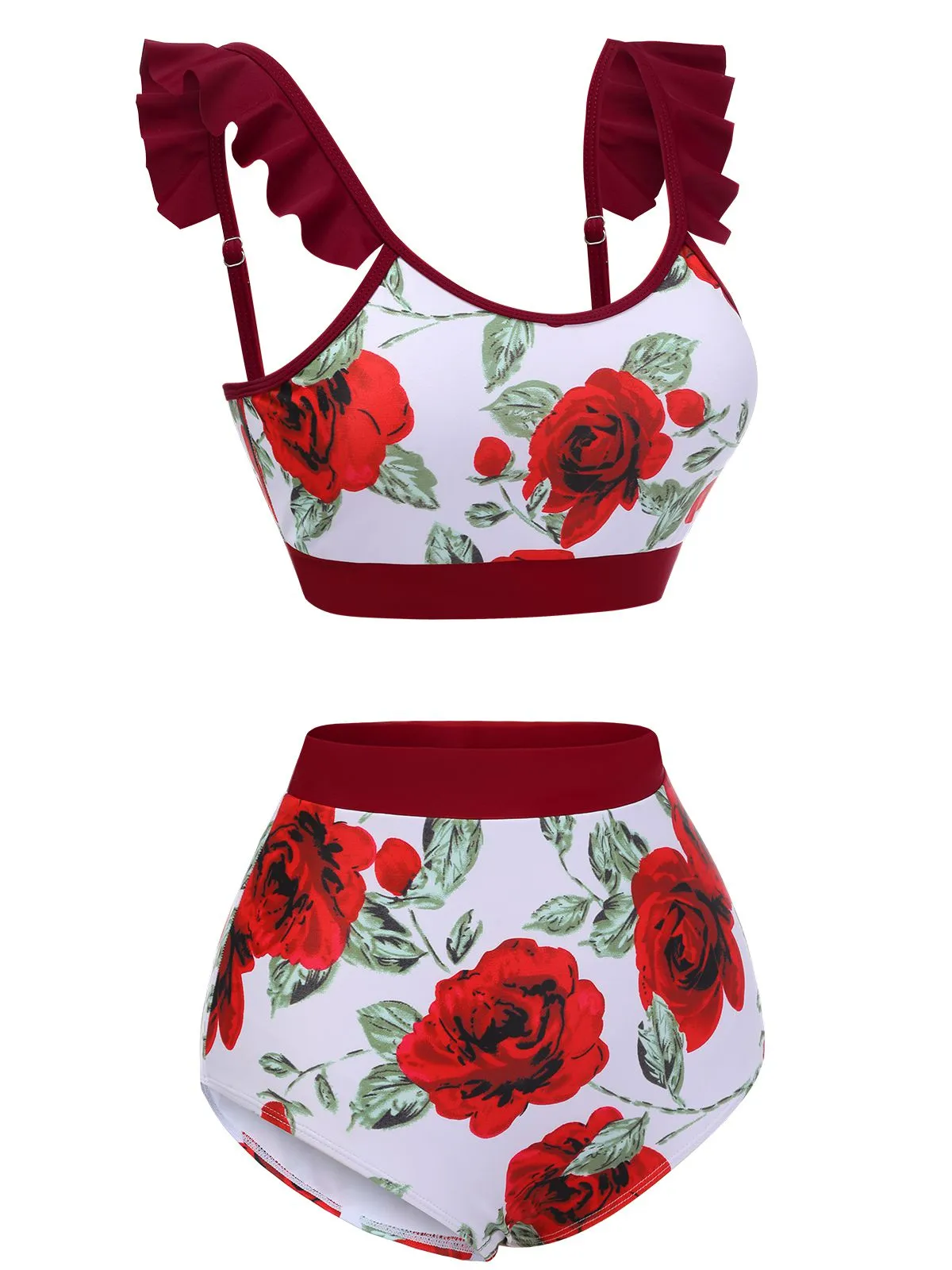 Red 1940s Floral Ruffles Swimsuit sold by Retro Stage product image thumbnail 3