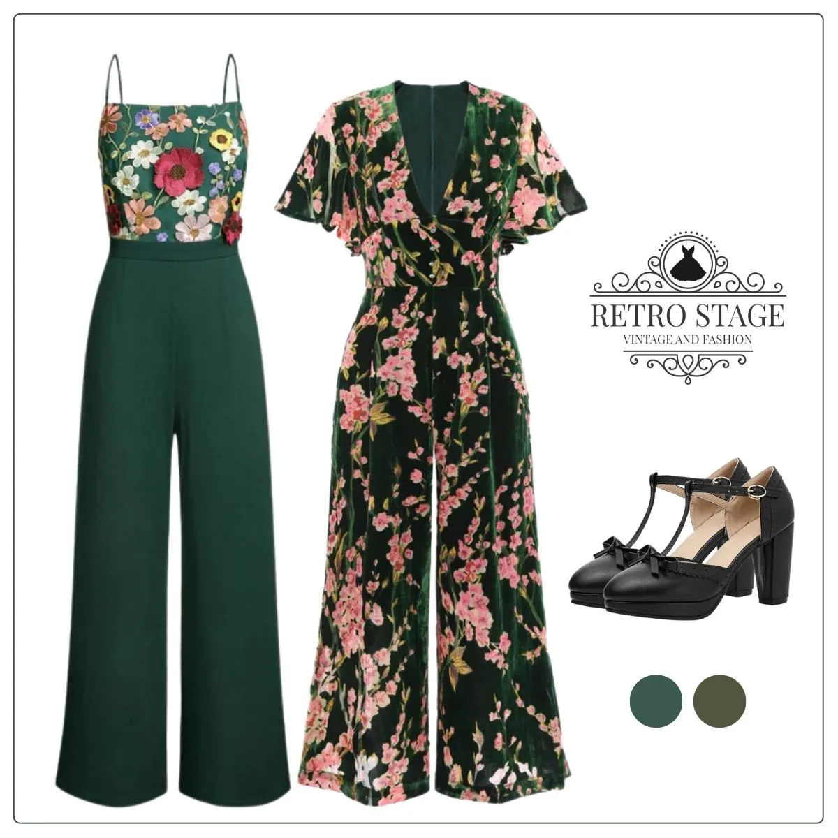 Green 1930s 3D Floral Strap Patchwork Jumpsuit sold by Retro Stage