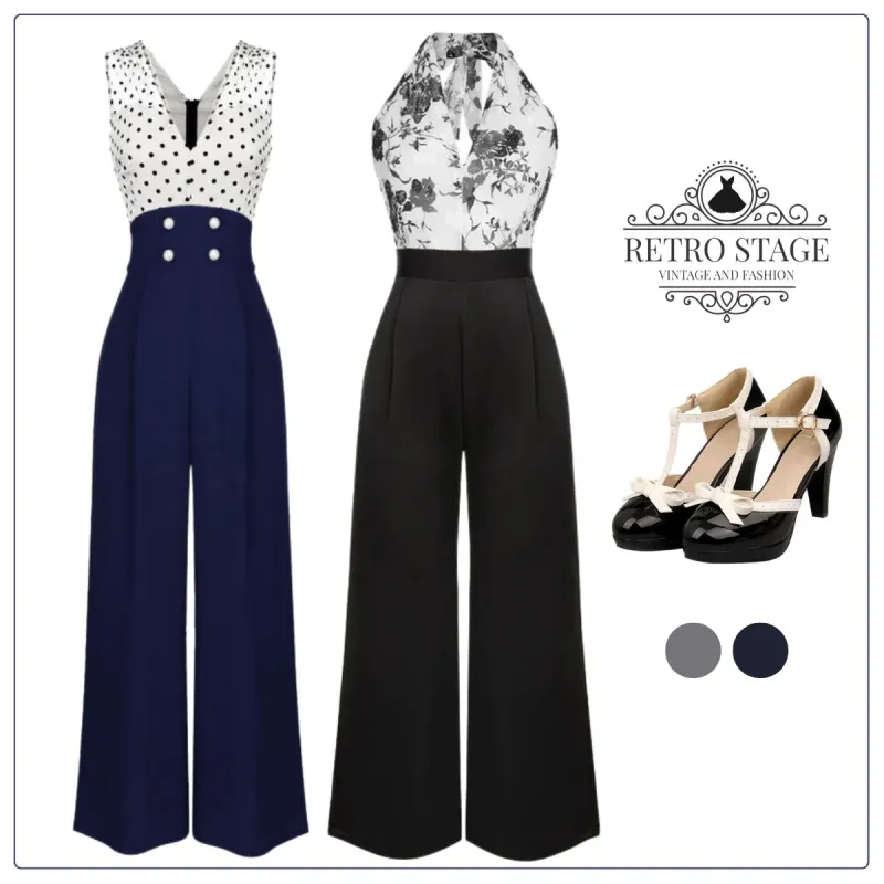 Black White 1930s Floral Halter Strap Jumpsuit sold by Retro Stage