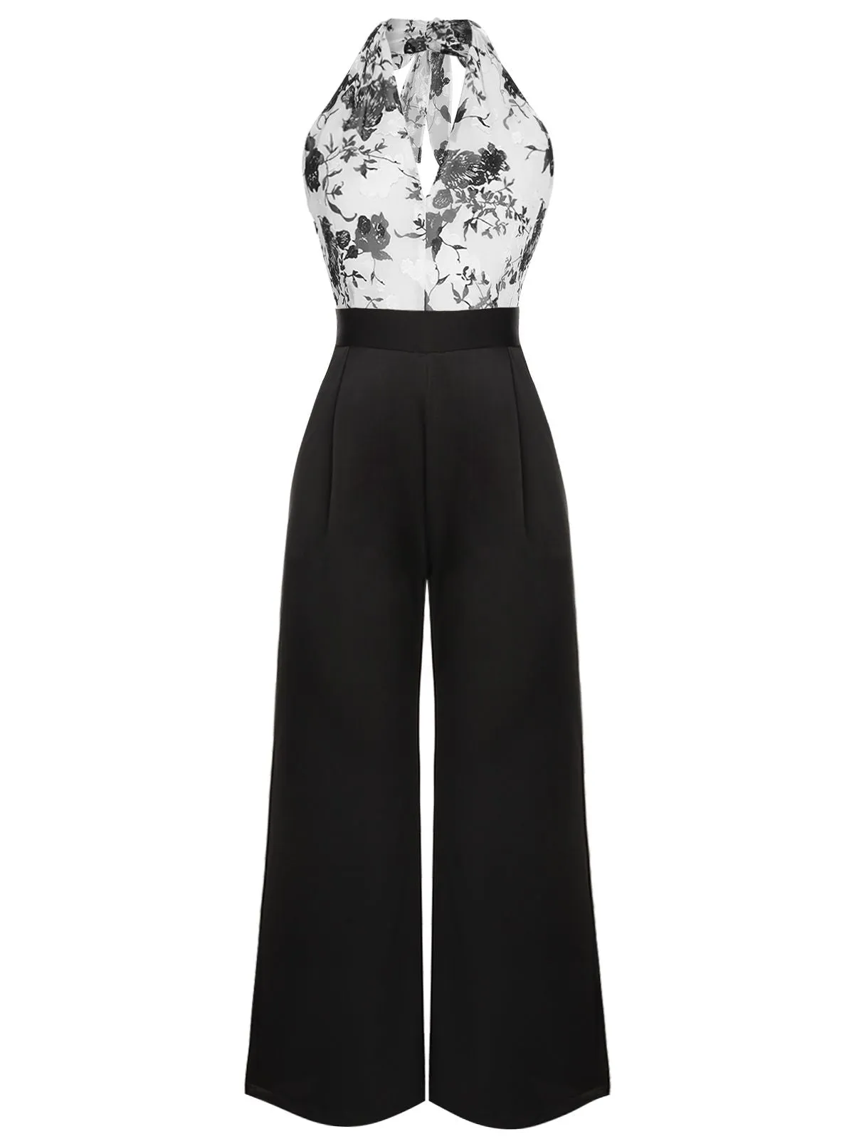 Black White 1930s Floral Halter Strap Jumpsuit sold by Retro Stage product image thumbnail 3