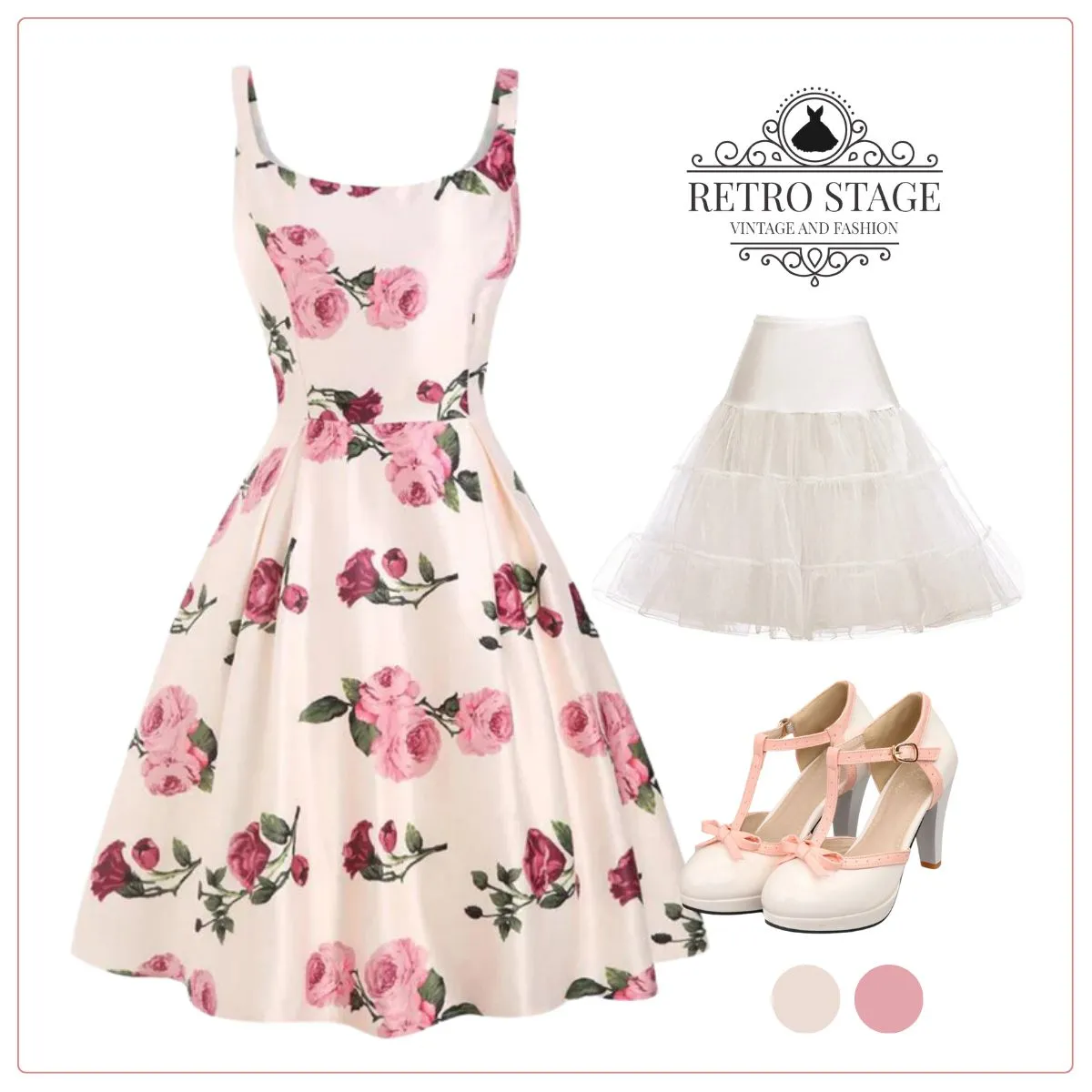 Pink 1950s Rose Floral Swing Dress sold by Retro Stage