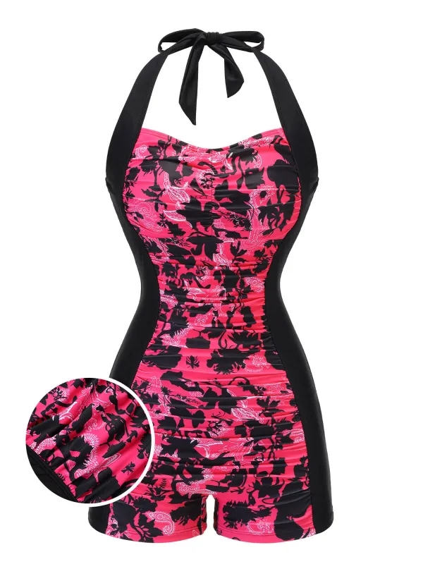 Black & Pink 1950s Floral Halter Swimsuit sold by Retro Stage