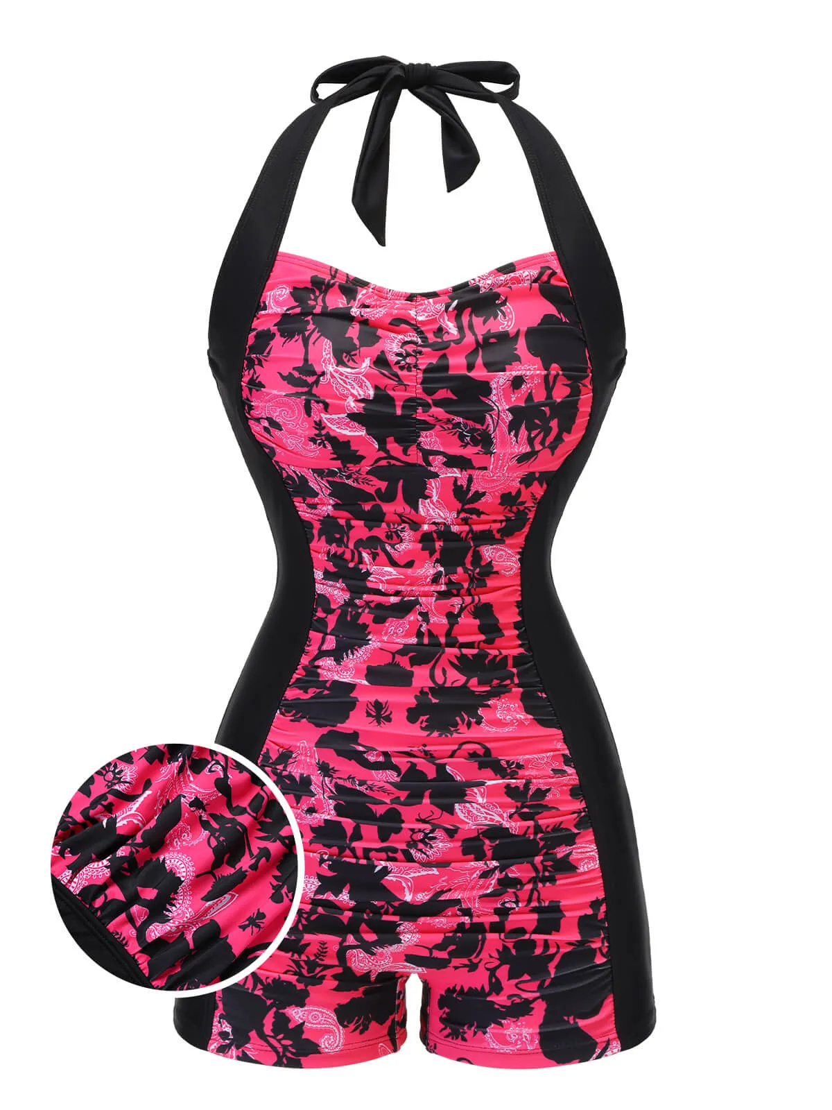 Black & Pink 1950s Floral Halter Swimsuit sold by Retro Stage
