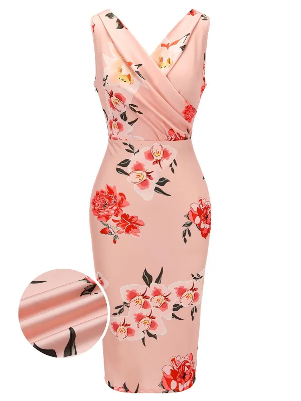 Pink 1960s V-neck Wrap Floral Pencil Dress sold by Retro Stage