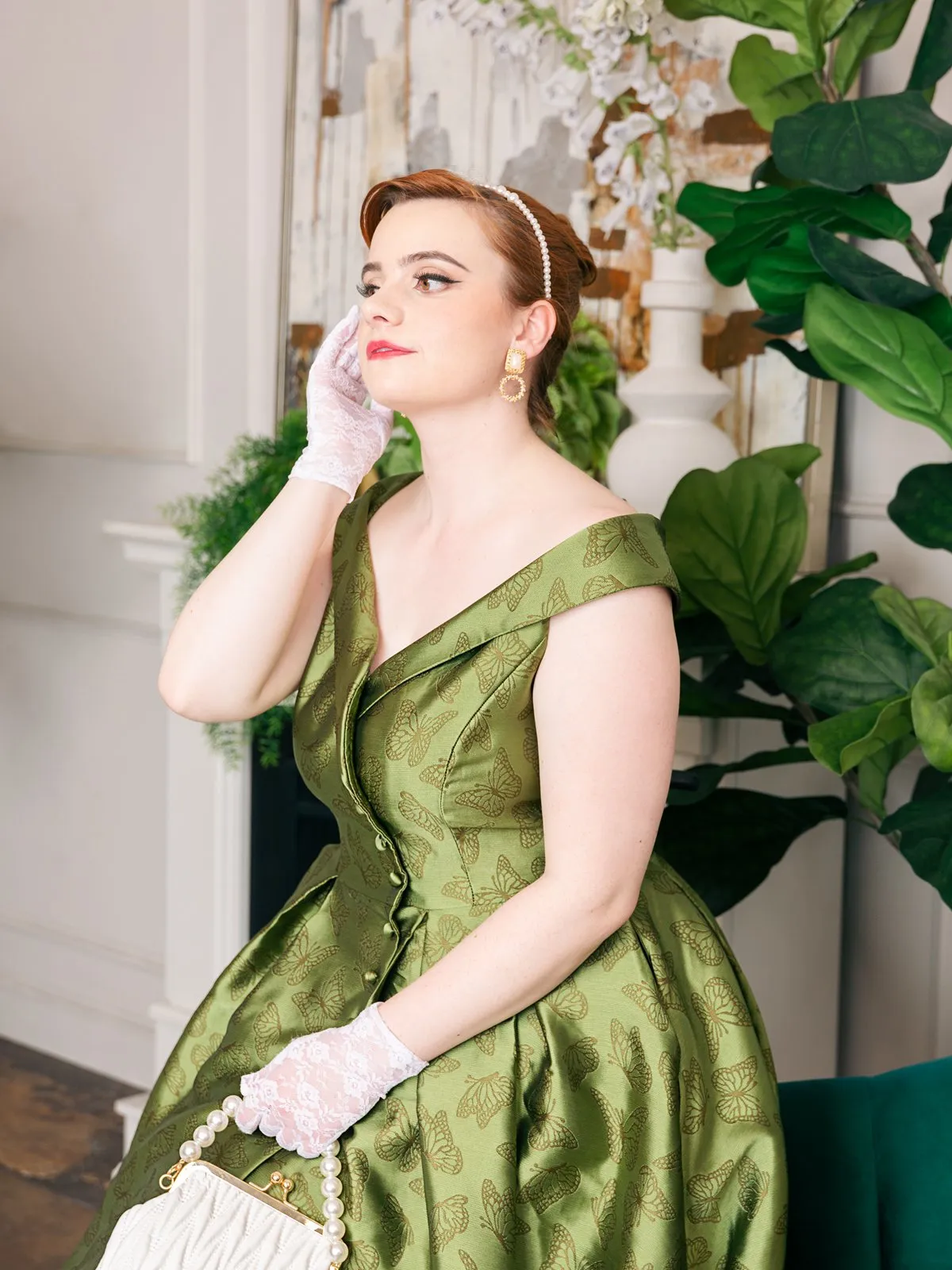 Green 1950s Off-Shoulder Vintage Dress sold by Retro Stage product image thumbnail 2