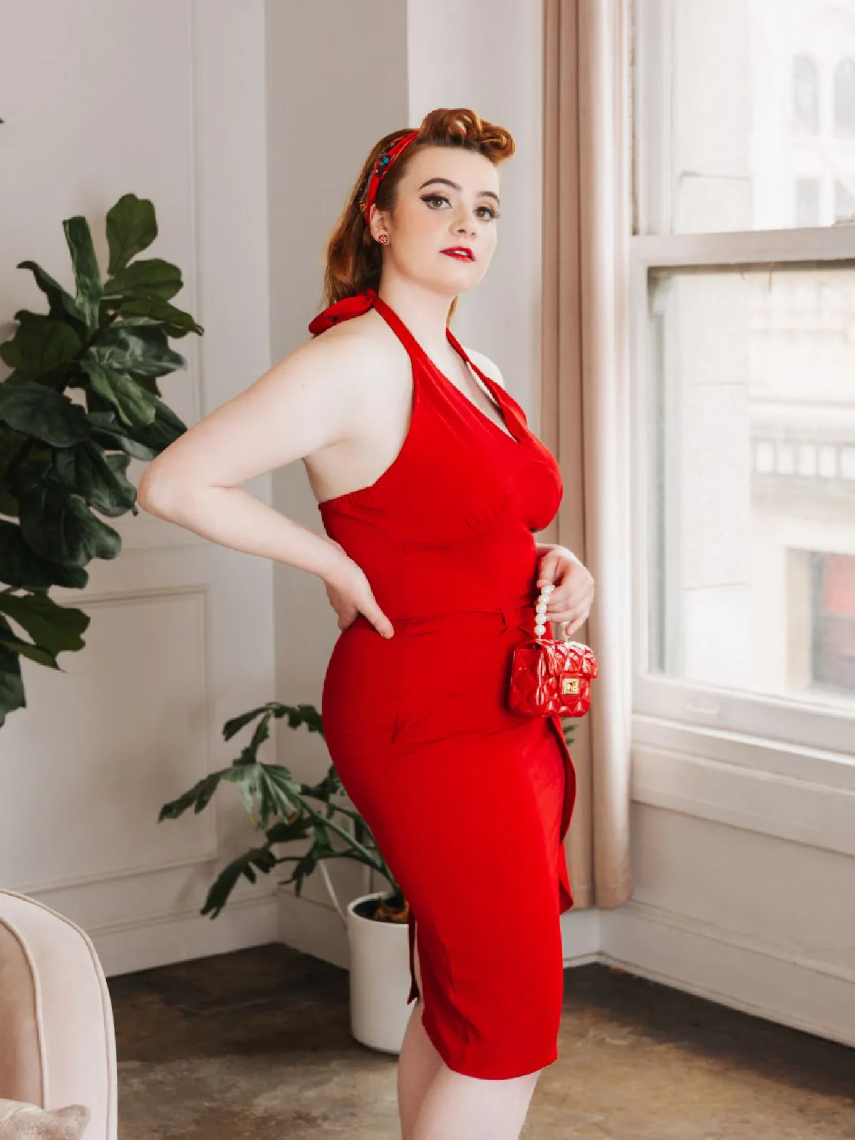 Red 1960s Solid Halter Bodycon Dress sold by Retro Stage product image thumbnail 3