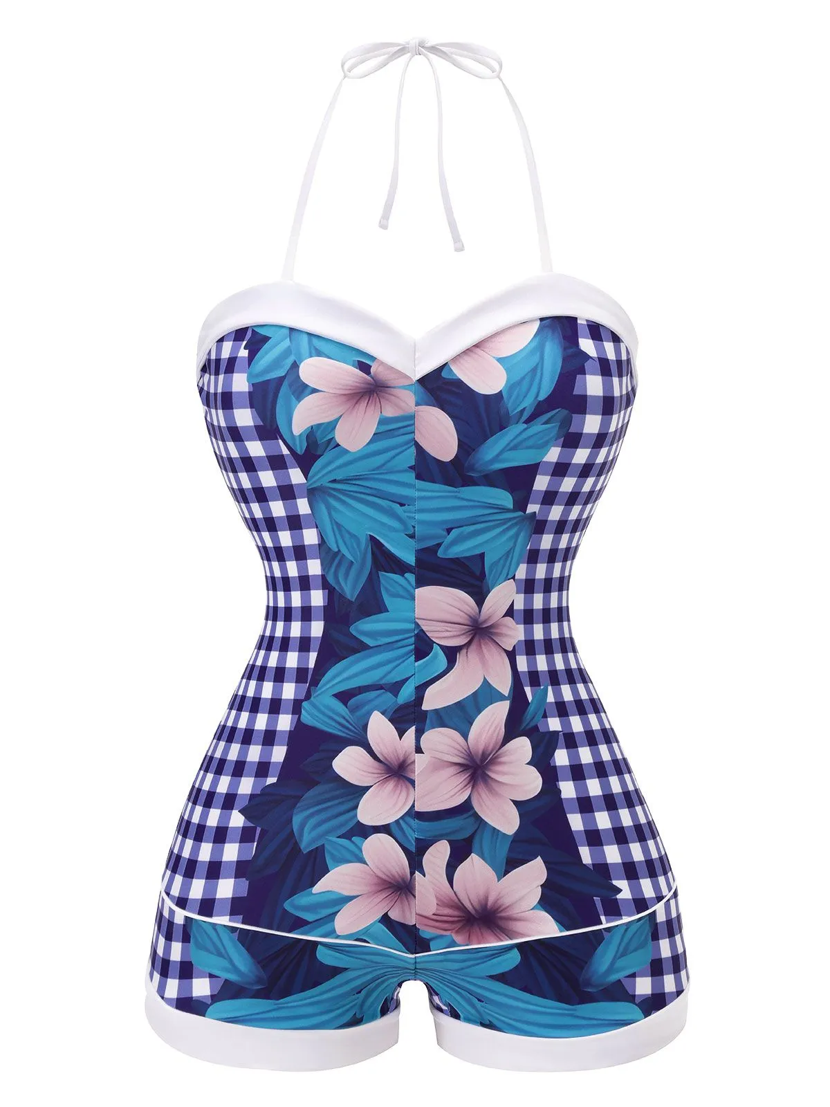 Blue 1950s Plaid Floral Swimsuit sold by Retro Stage product image thumbnail 2