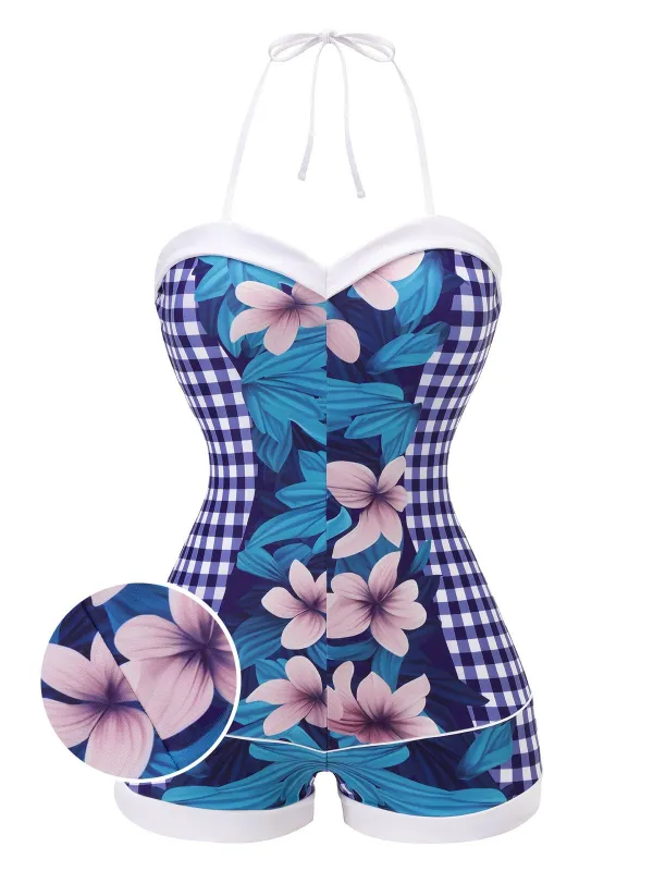 Blue 1950s Plaid Floral Swimsuit sold by Retro Stage
