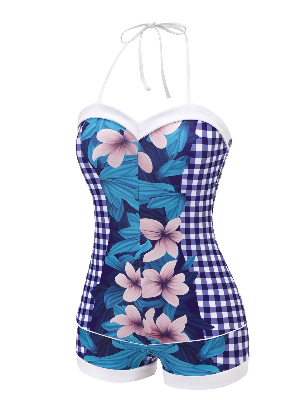 Blue 1950s Plaid Floral Swimsuit sold by Retro Stage product image thumbnail 3