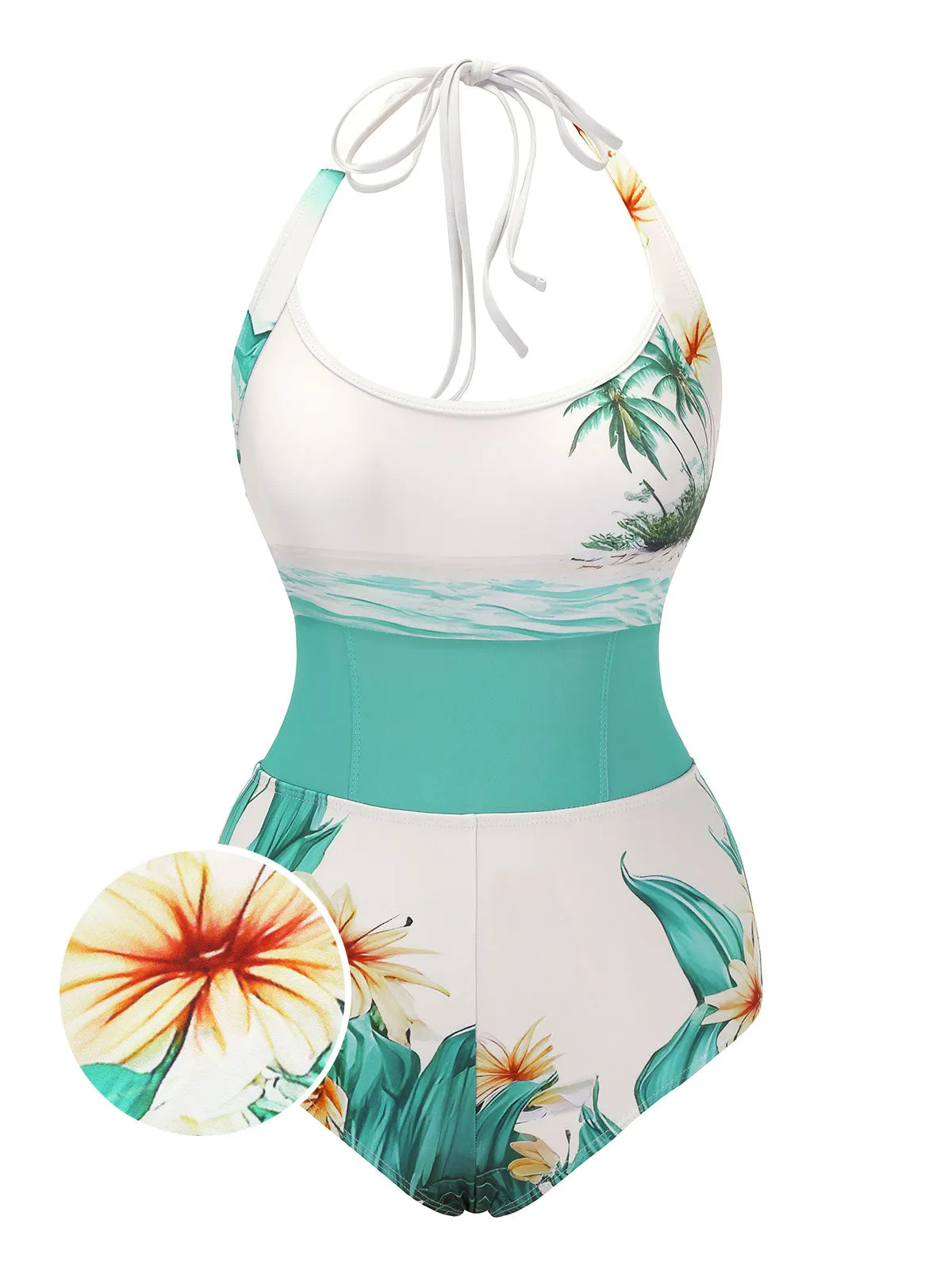 1950s Coconut Tree & Beach Patchwork Swimsuit sold by Retro Stage