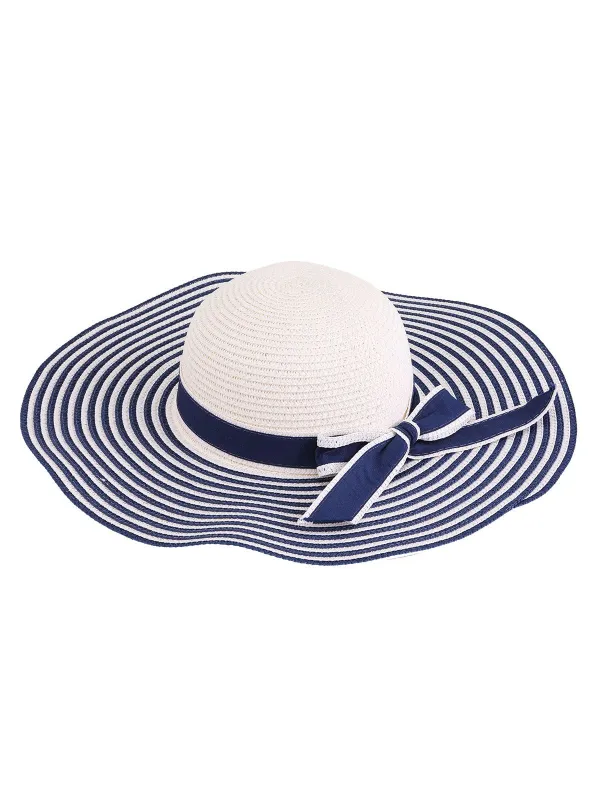 Navy Blue Retro Classic Stripes Straw Sun Hat sold by Retro Stage