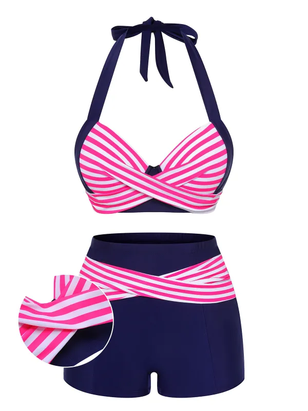 Pink & Blue 1950s Striped Halter Swimsuit sold by Retro Stage