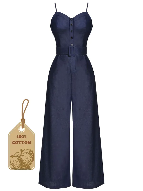 Navy Blue 1930s Cowboy Solid Strap Jumpsuit sold by Retro Stage