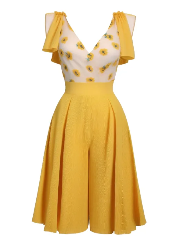 Yellow 1940s V-Neck Sunflower Patchwork Jumpsuit sold by Retro Stage