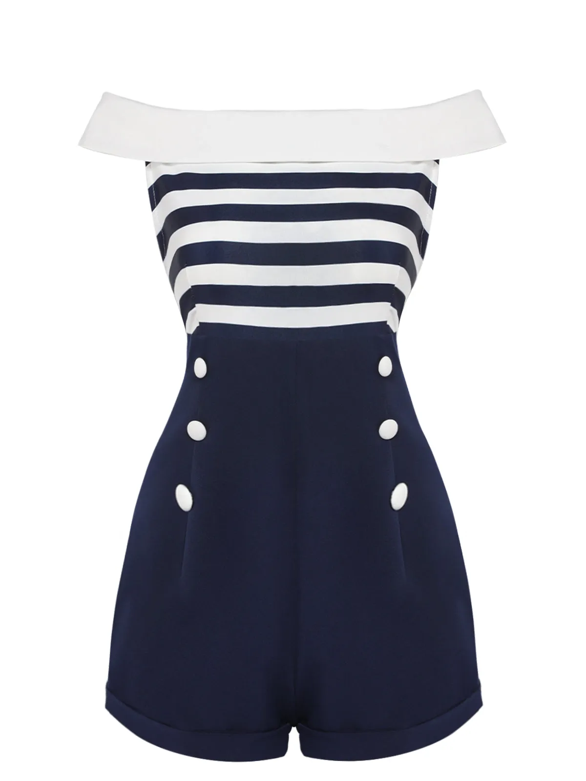 Navy Blue Patchwork Off-shoulder Striped Romper sold by Retro Stage product image thumbnail 5