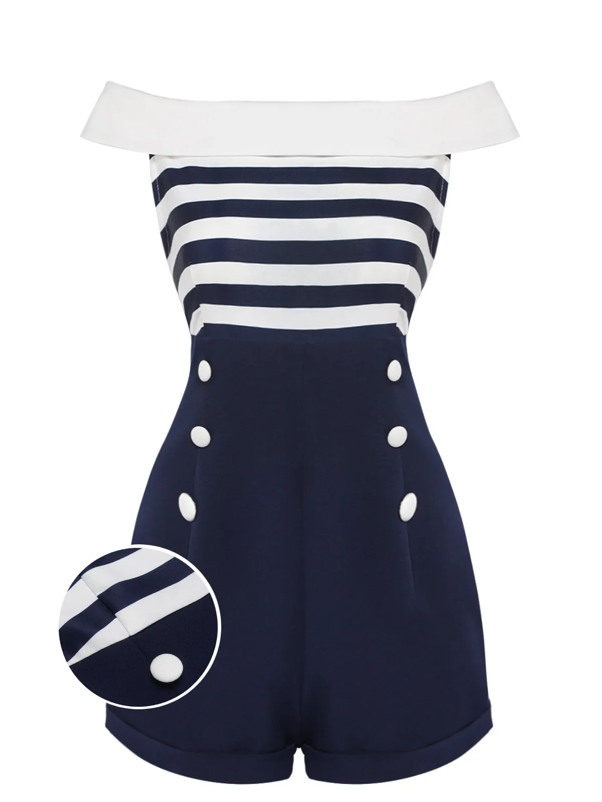 Navy Blue Patchwork Off-shoulder Striped Romper sold by Retro Stage product image thumbnail 4
