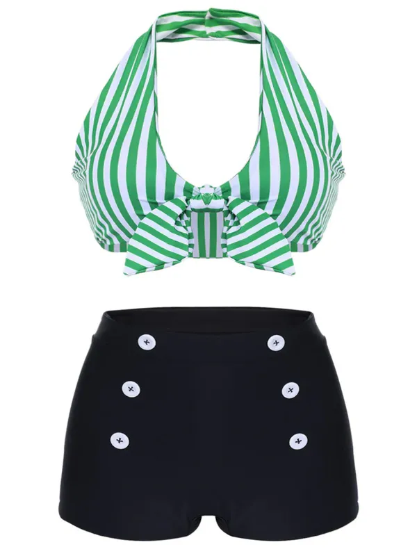 [Plus Size] Green 1950s Retro Halter Stripes Bikini Set sold by Retro Stage