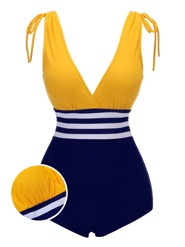 Yellow & Blue 1950s Striped Lace-Up Swimsuit sold by Retro Stage