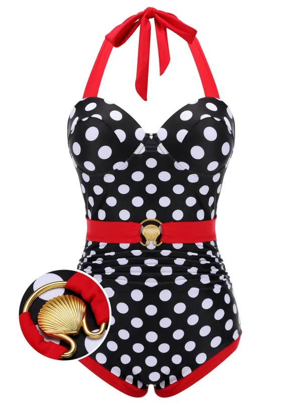 Black & Red 1950s Dots Halter Swimsuit sold by Retro Stage