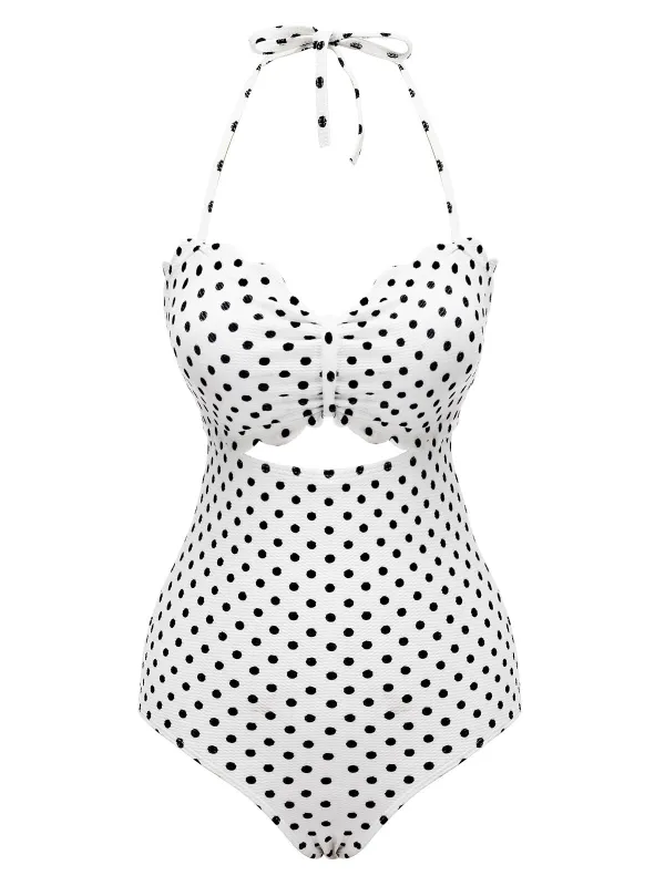 White 1940s Polka Dot Lace Up Halter Swimsuit sold by Retro Stage