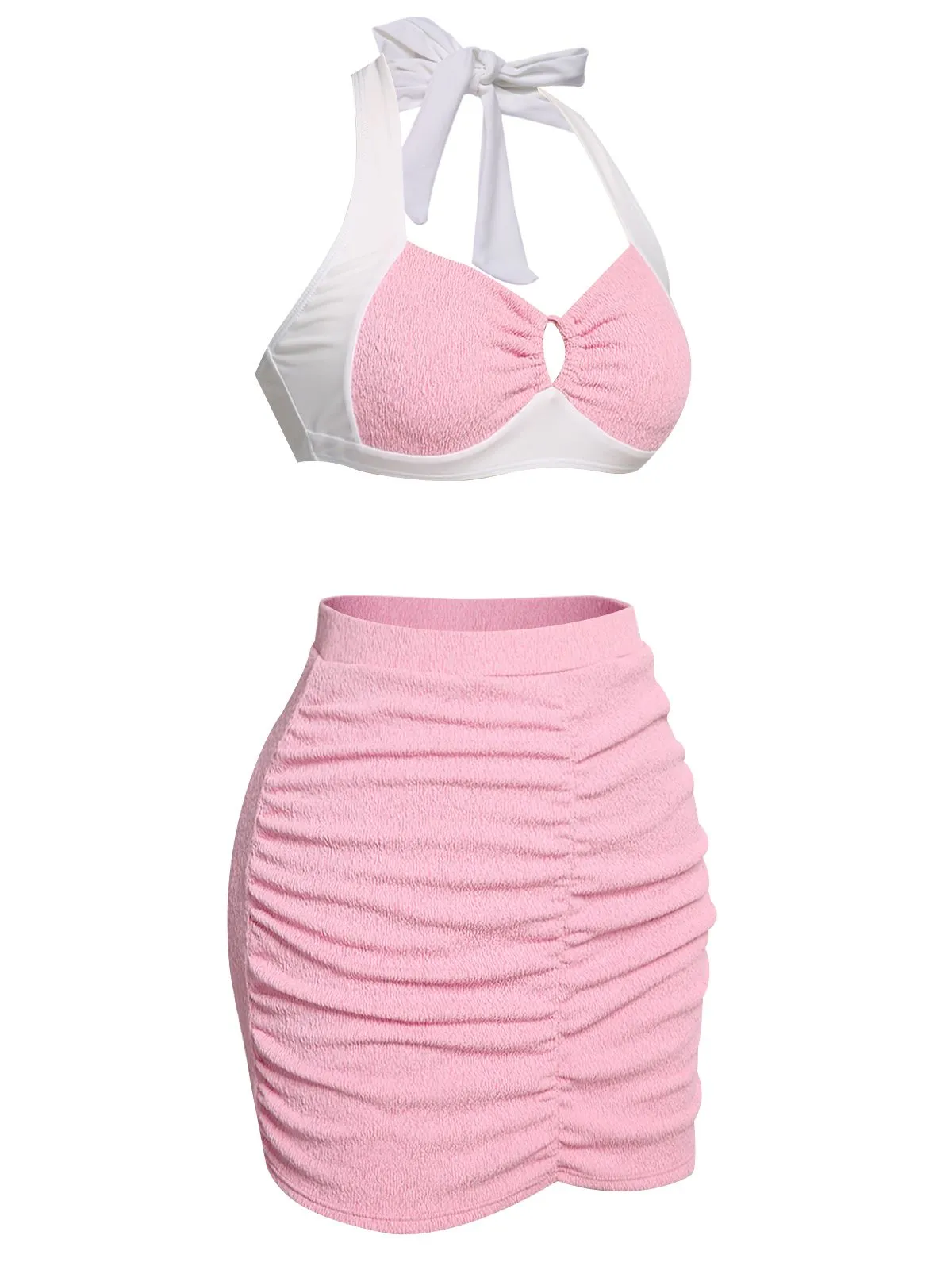 Pink 1940s Patchwork Lace-Up Halter Swimsuit sold by Retro Stage product image thumbnail 3