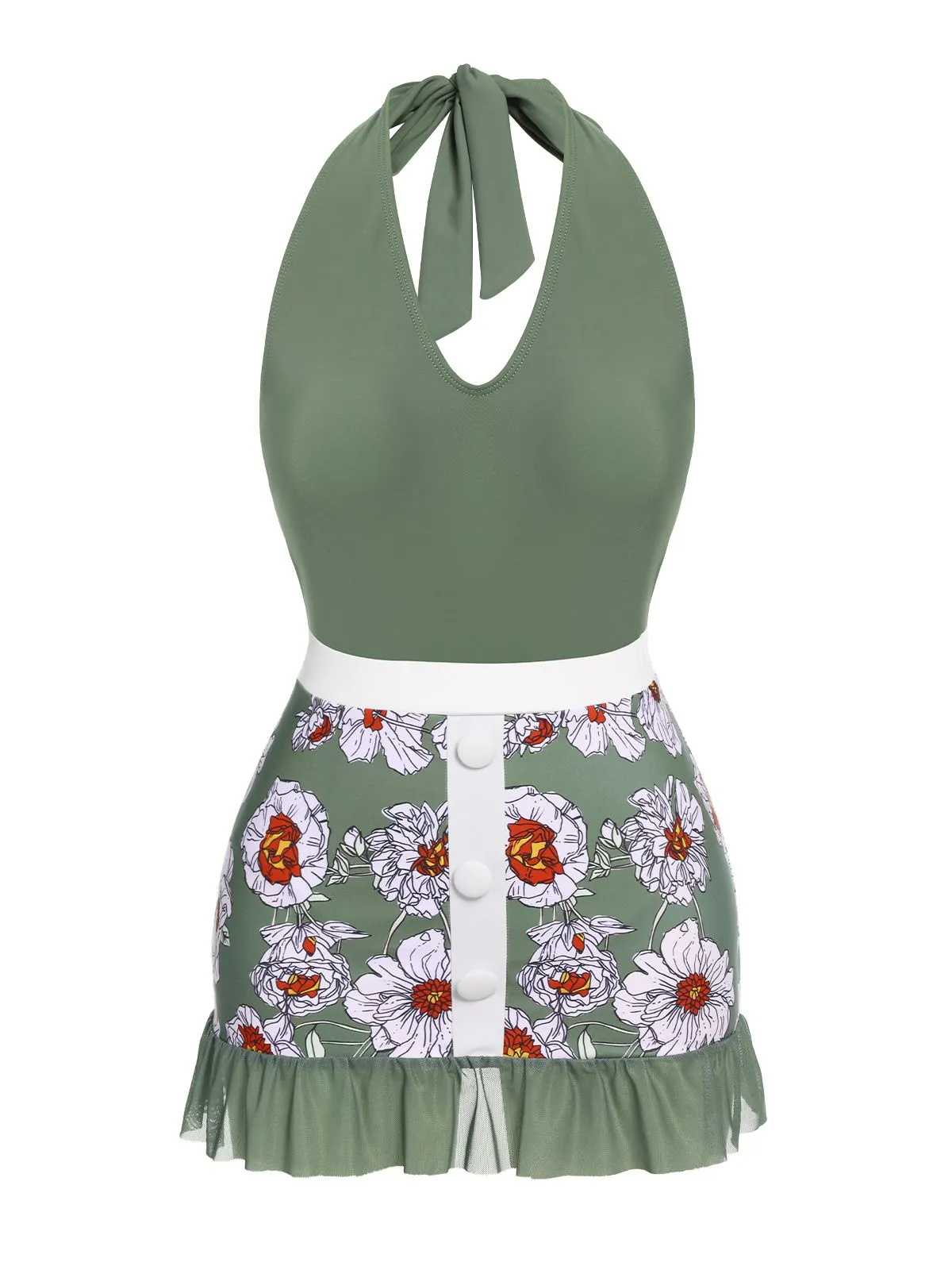 Green 1940s Floral Halter One-Piece Swimsuit sold by Retro Stage product image thumbnail 2