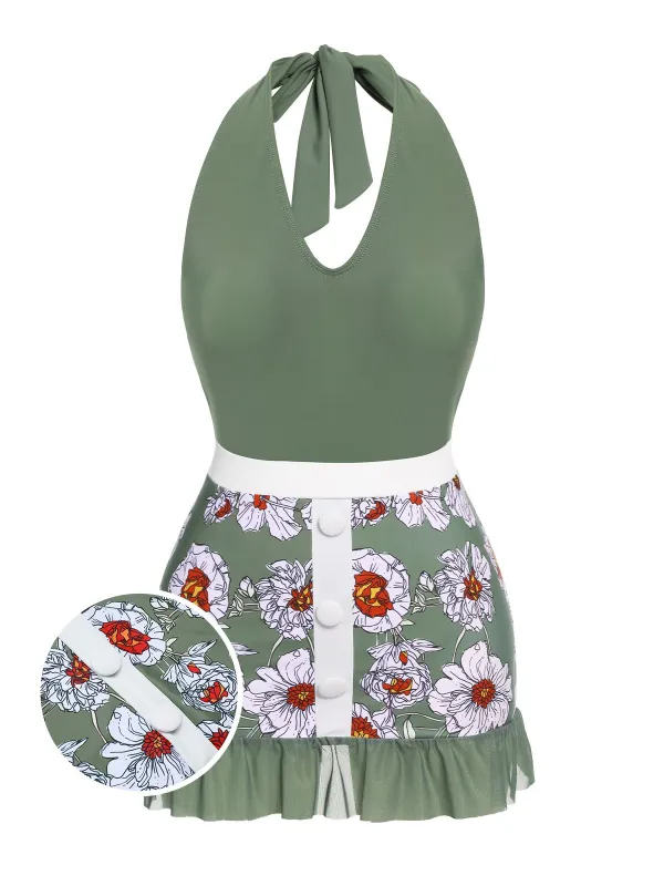 Green 1940s Floral Halter One-Piece Swimsuit sold by Retro Stage