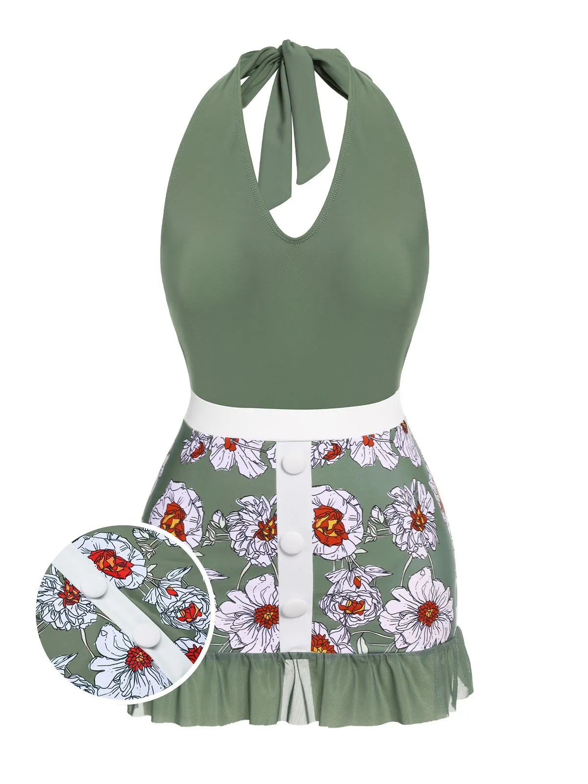 Green 1940s Floral Halter One-Piece Swimsuit sold by Retro Stage