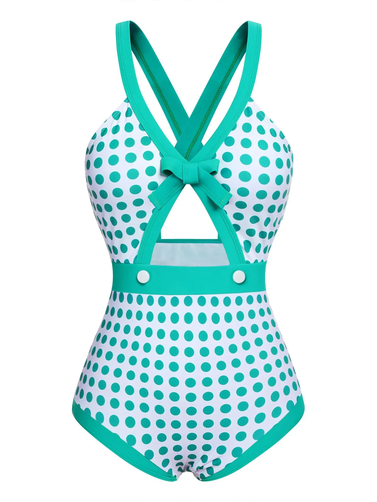 Green 1940s Polka Dot Bowknot One-Piece Swimsuit sold by Retro Stage product image thumbnail 2