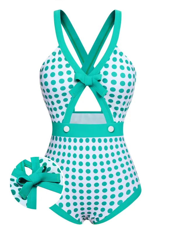 Green 1940s Polka Dot Bowknot One-Piece Swimsuit sold by Retro Stage