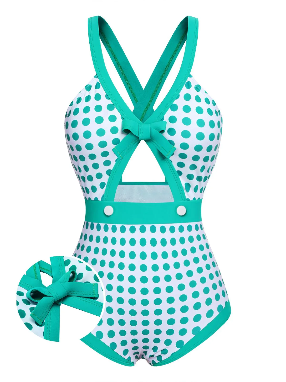 Green 1940s Polka Dot Bowknot One-Piece Swimsuit sold by Retro Stage