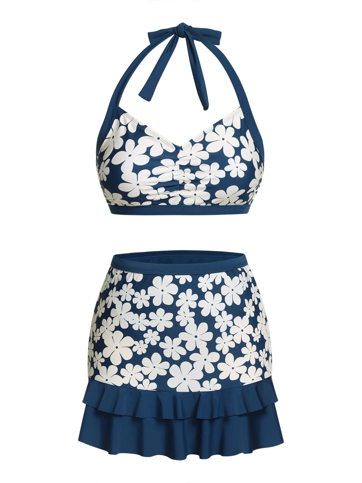 Blue 1940s Floral Ruffles Halter Swimsuit sold by Retro Stage product image thumbnail 2