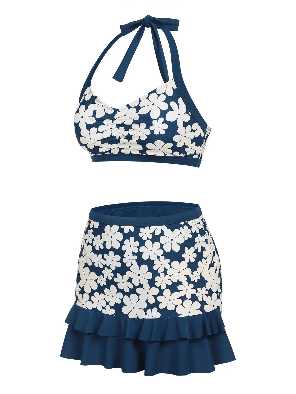 Blue 1940s Floral Ruffles Halter Swimsuit sold by Retro Stage product image thumbnail 3