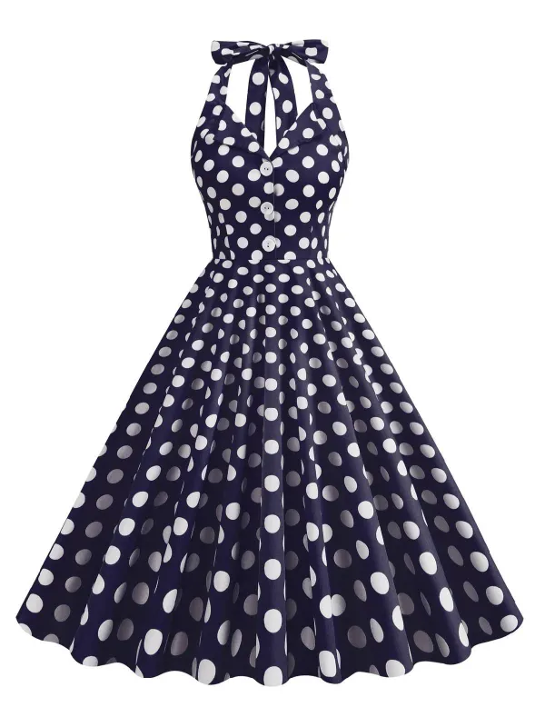 Navy Blue 1950s Polka Dot Halter Dress made by Retro Stage