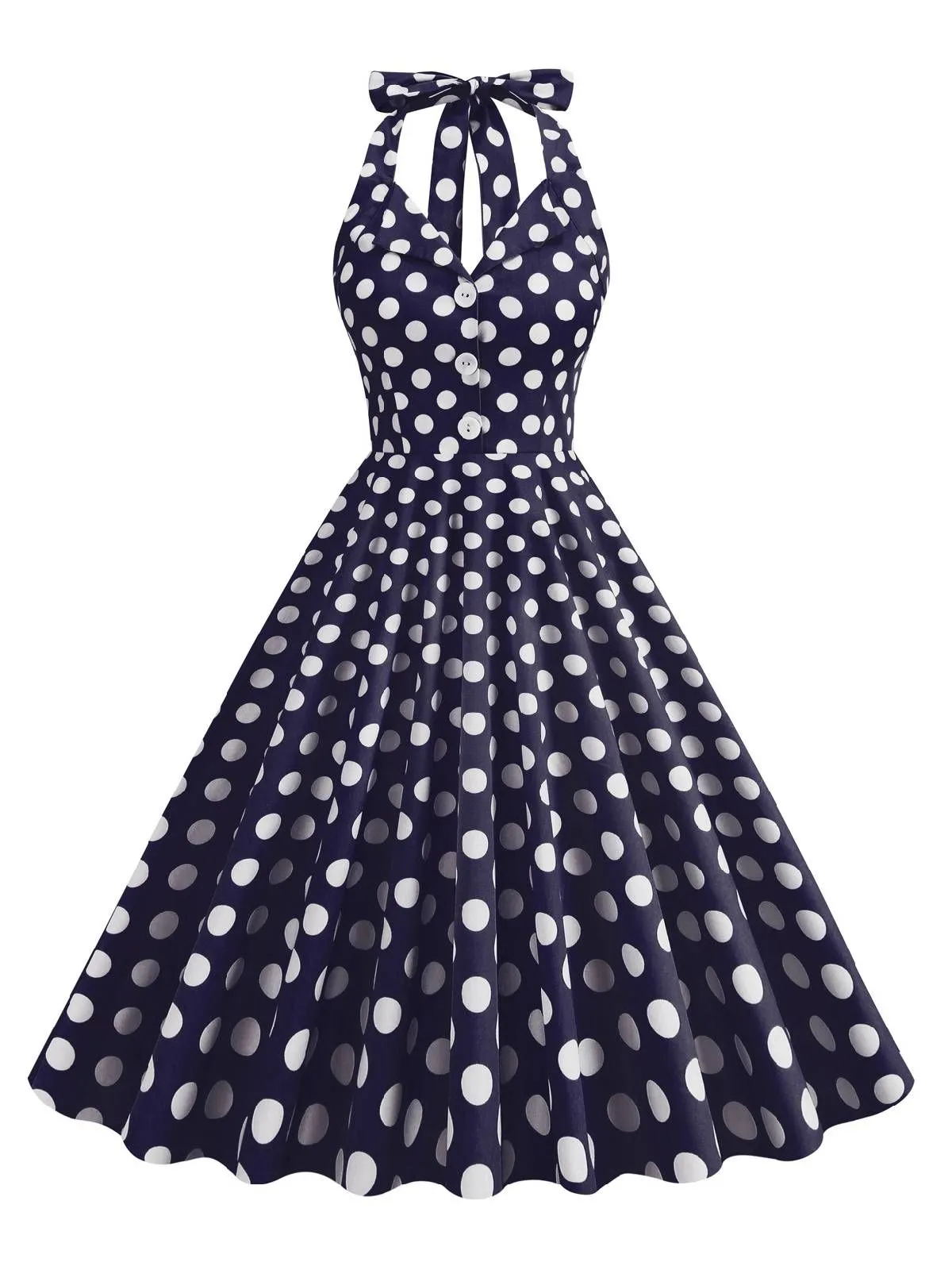 Navy Blue 1950s Polka Dot Halter Dress sold by Retro Stage