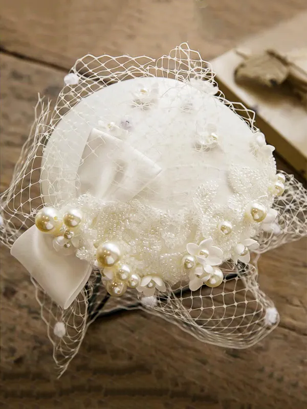 White Pearl Mesh Bow Vintage Hat sold by Retro Stage