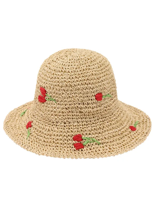 Beige Retro Rose Straw Sun Hat sold by Retro Stage