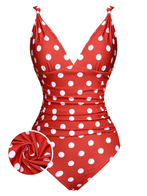 Red 1930s Polka Dot V-Neck Swimsuit sold by Retro Stage