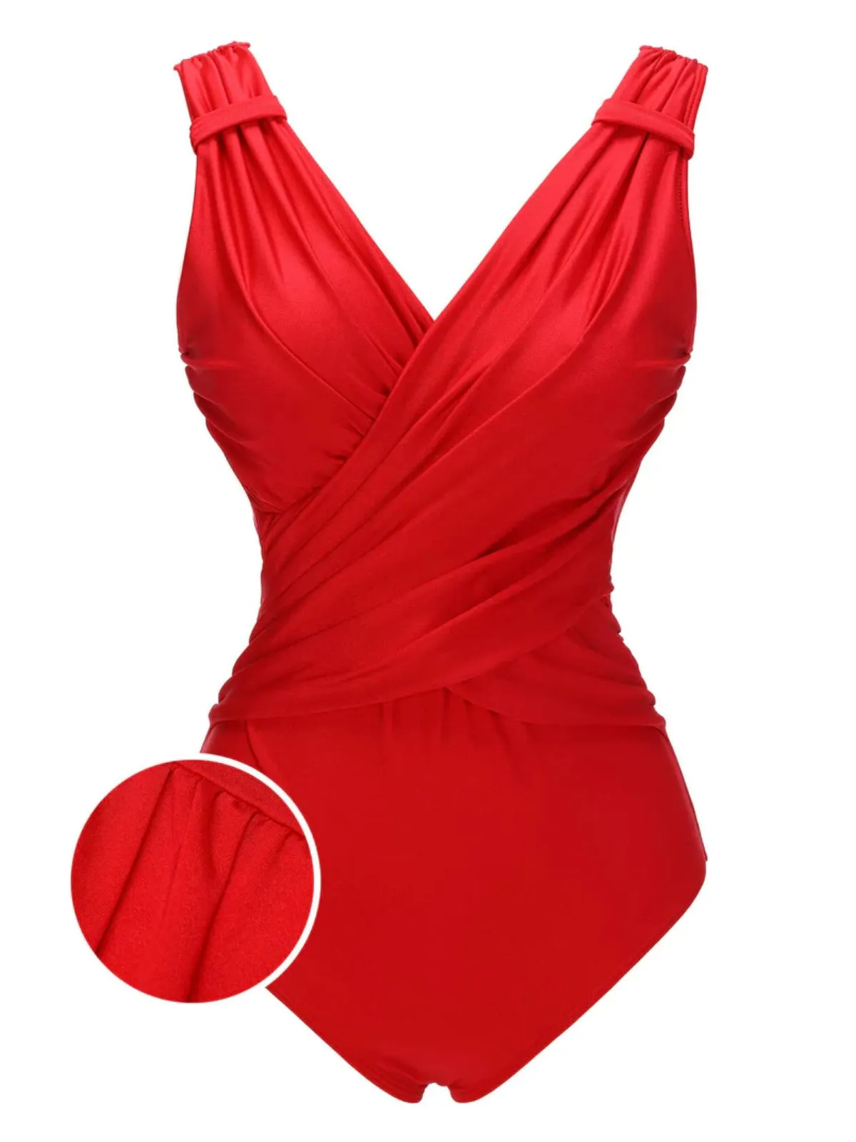 Red 1940s V-Neck Solid One-piece Swimsuit sold by Retro Stage