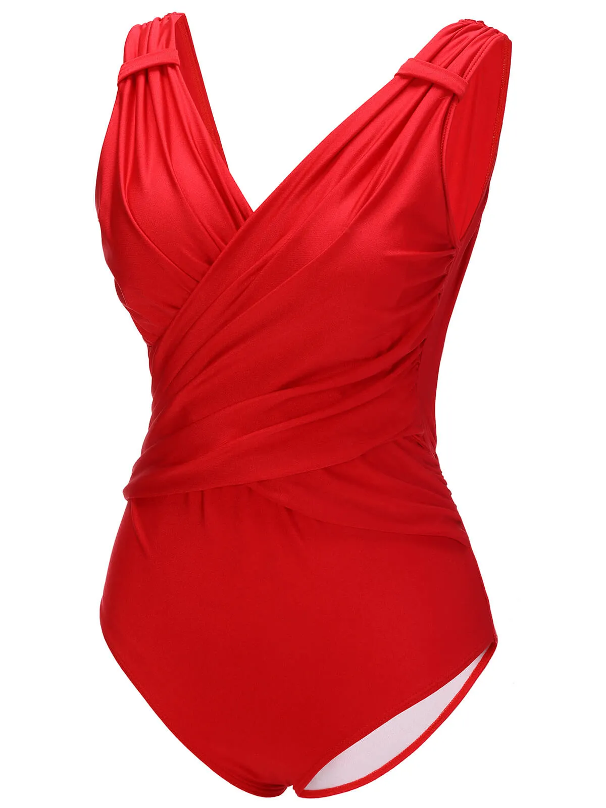 Red 1940s V-Neck Solid One-piece Swimsuit sold by Retro Stage product image thumbnail 3