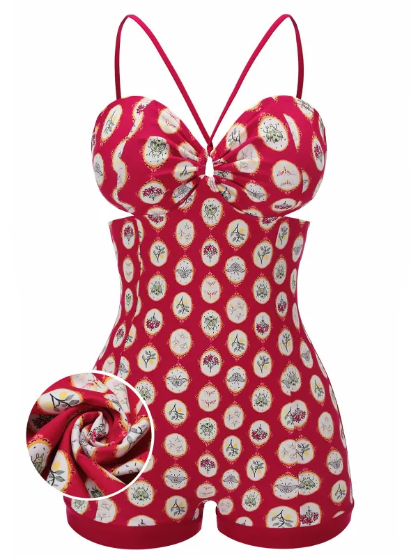 Red 1950s Strap Floral One-piece Swimsuit sold by Retro Stage