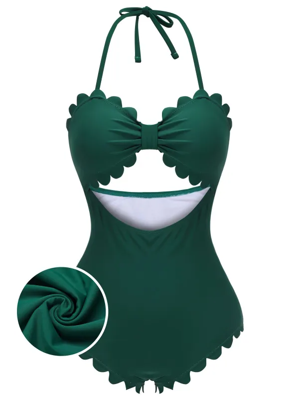 Dark Green 1940s Solid Halter One-piece Swimsuit sold by Retro Stage