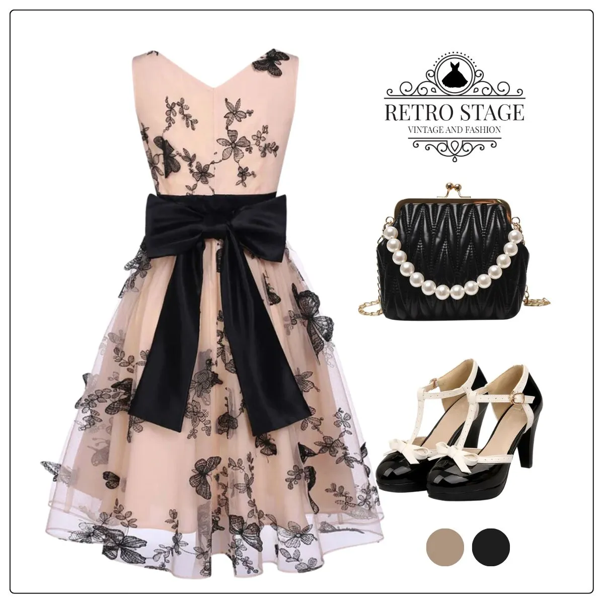 Nude 1950s Lace Butterfly Swing Vintage Dress sold by Retro Stage