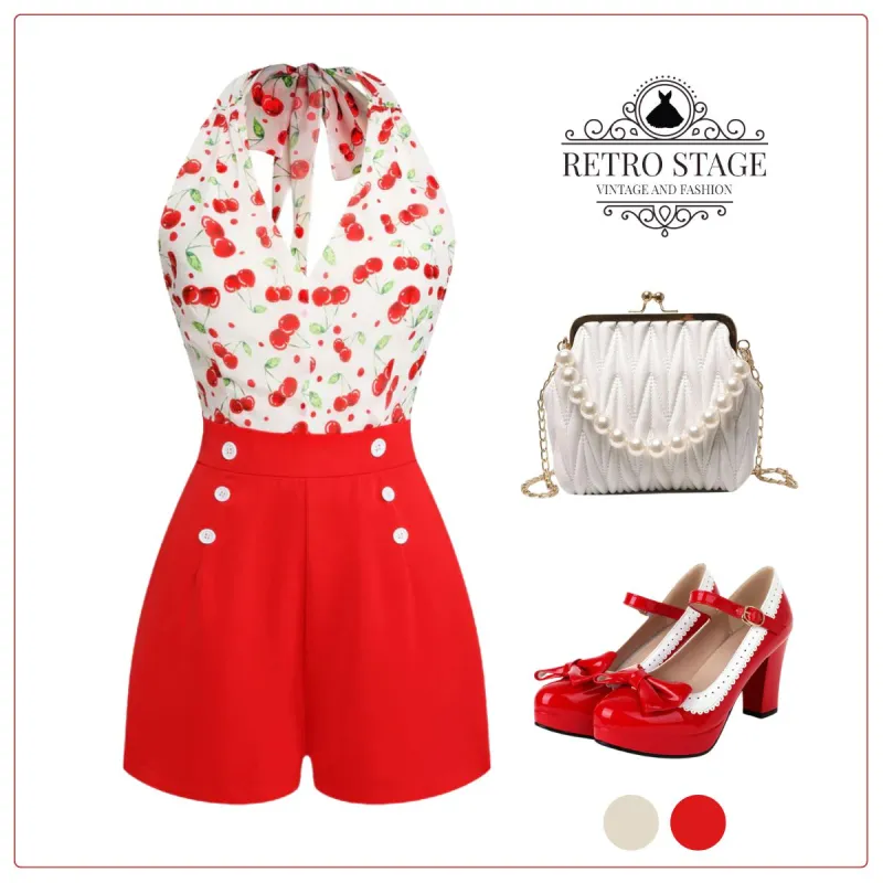 Red Cherry V-Neck Halter Lace-Up Romper sold by Retro Stage