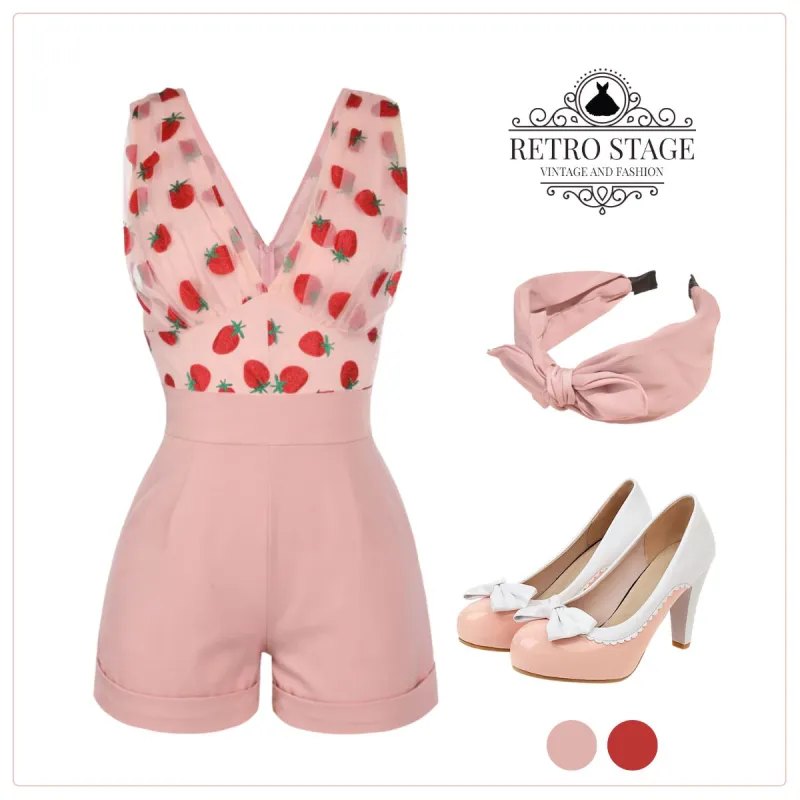 Strawberry Pink 1950s Patchwork Lace Romper sold by Retro Stage