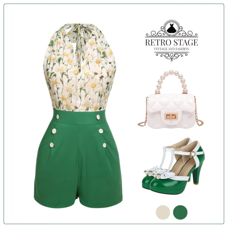 1950s Floral Halter Lace-up Vintage Romper sold by Retro Stage