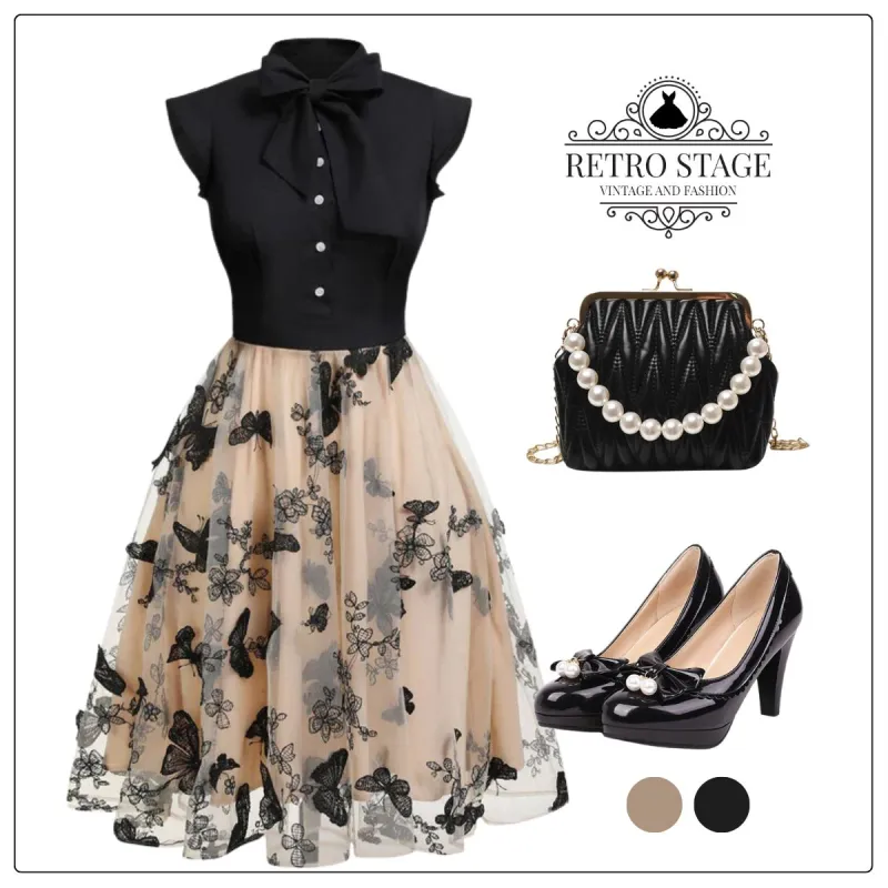 Black 1950s Butterfly Patchwork Vintage Dress sold by Retro Stage