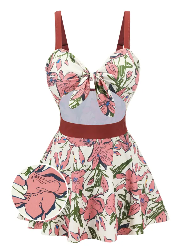 Pink 1940s Floral Strap One-Piece Swimsuit sold by Retro Stage