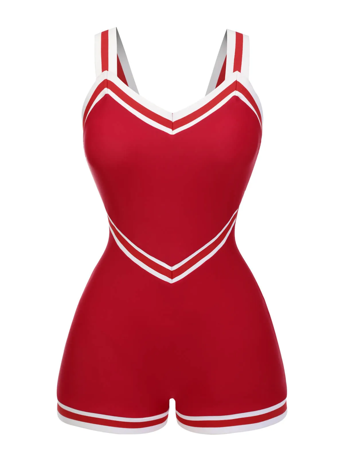 Red 1940s Solid Patchwork V-Neck Swimsuit sold by Retro Stage product image thumbnail 2